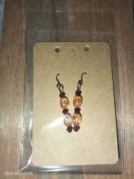 Oval Crackle Glass and Bicone Glass Bead Earrings (Peach and Red ) Carousel 1