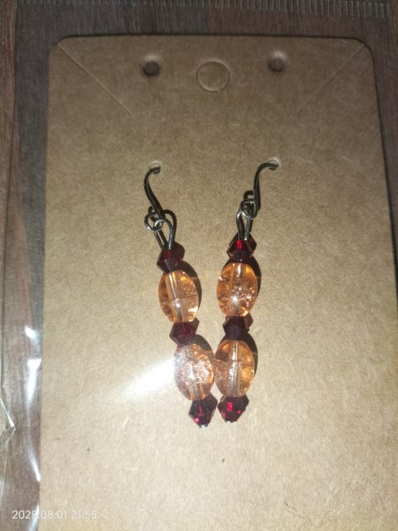 Oval Crackle Glass and Bicone Glass Bead Earrings (Peach and Red ) Carousel 2