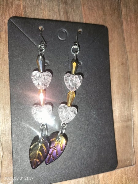 Crackle Glass and Long Bicone Bead Earrings with Leaf Charms (Pink And Gold). Carousel 1