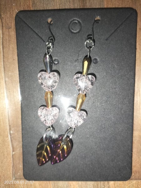 Crackle Glass and Long Bicone Bead Earrings with Leaf Charms (Pink And Gold). Carousel 2