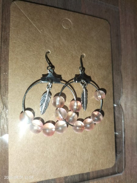 Frosted Glass Bead Hoops Earrings(Pink). Carousel 1