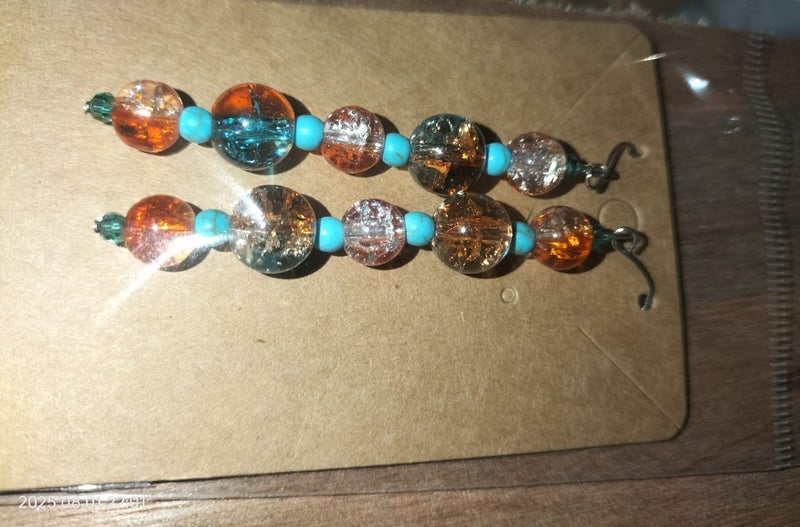 Crackle Glass and Howlite Bead Earrings (Orange and Aqua) Carousel 1