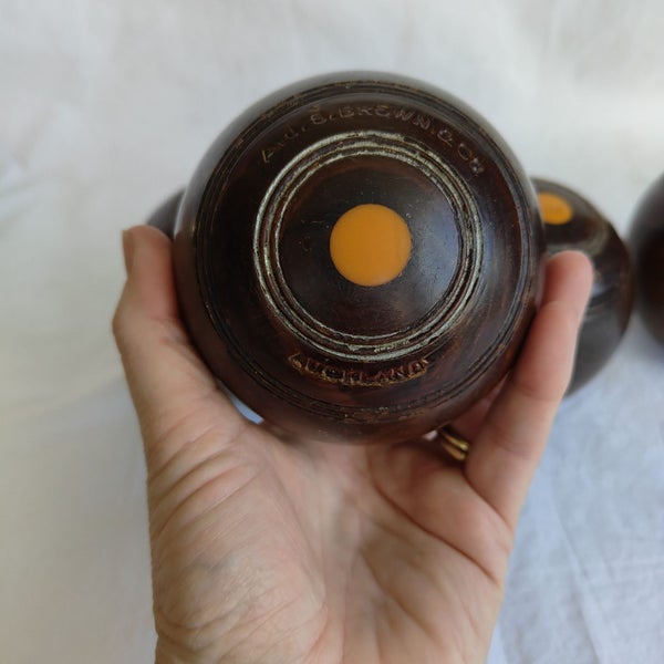 Vintage Wooden Lignum Vitae Lawn Bowls NZ Made x 4 (SKU E3) Carousel 2