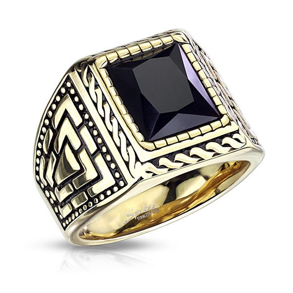 Faceted Square Onyx Stone Surrounded by Rope Gold PVD Stainless Steel Ring Carousel 1