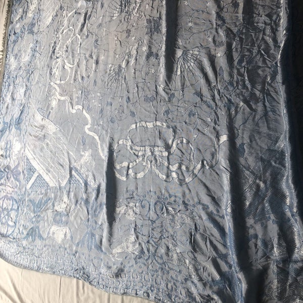 Vintage Antique Blue Bedspread Old Textile Mermaids Tigers Floral Woven Design Carousel 2