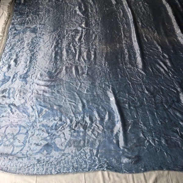 Vintage Antique Blue Bedspread Old Textile Mermaids Tigers Floral Woven Design Carousel 1