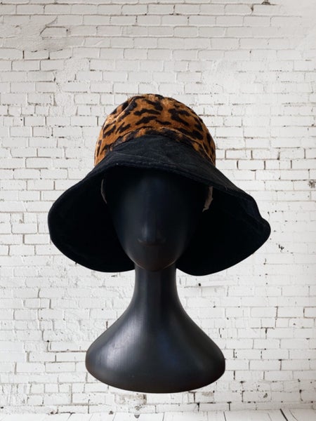 Mandy Levett Leopard Faux Fur Wide Brim Hat Black Velvet NZ Made 57cm