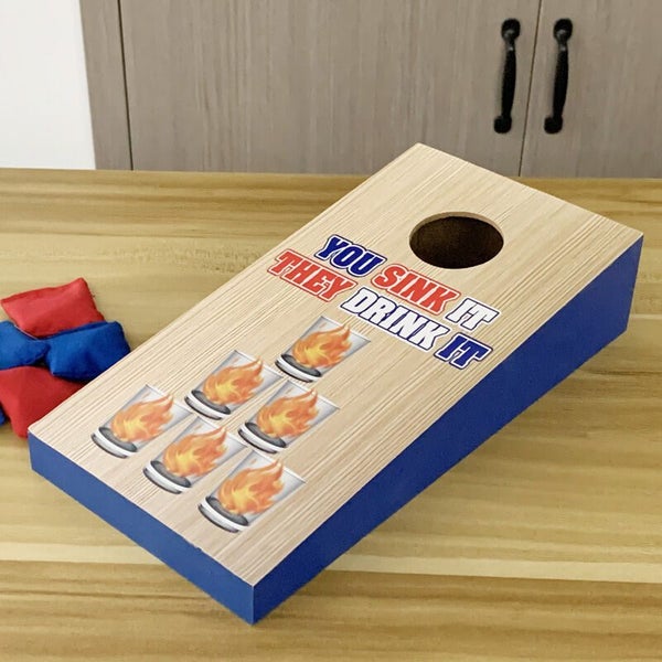 Mini Cornhole Drinking Game Set with 4 Shot Glasses 8 Bean Bags Wooden Toss B... Carousel 1