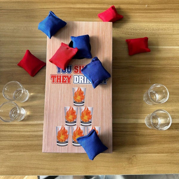 Mini Cornhole Drinking Game Set with 4 Shot Glasses 8 Bean Bags Wooden Toss B... Carousel 2