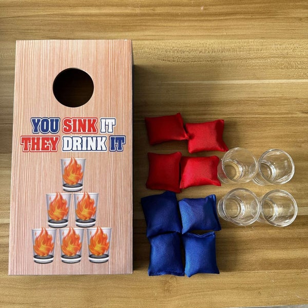 Mini Cornhole Drinking Game Set with 4 Shot Glasses 8 Bean Bags Wooden Toss B... Carousel 5