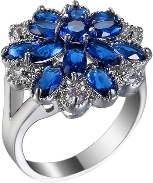 Blue Sapphire Look Ring – White Gold Plated Statement Gift Carousel 3