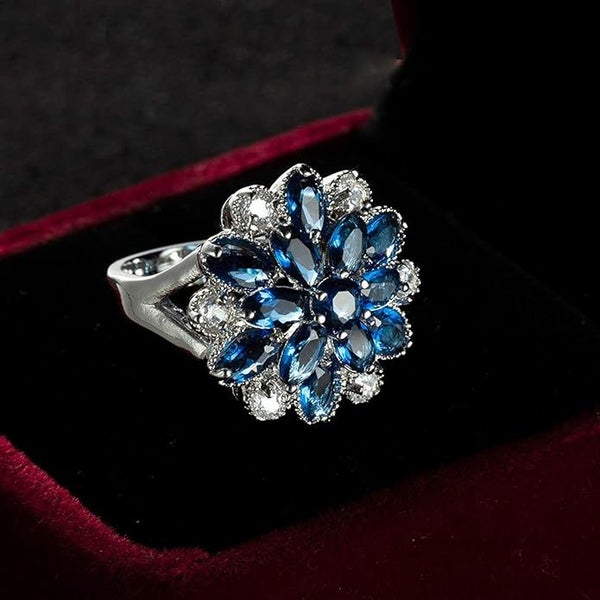 Blue Sapphire Look Ring – White Gold Plated Statement Gift Carousel 1