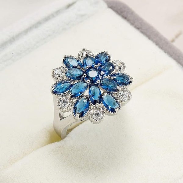 Blue Sapphire Look Ring – White Gold Plated Statement Gift Carousel 2