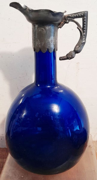COBALT BLUE GLASS BODY WINE PITCHER C 1863-83 . PEWTER TOP. Carousel 2