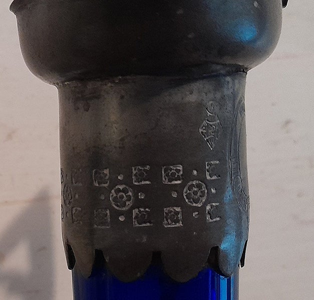 COBALT BLUE GLASS BODY WINE PITCHER C 1863-83 . PEWTER TOP. Carousel 13
