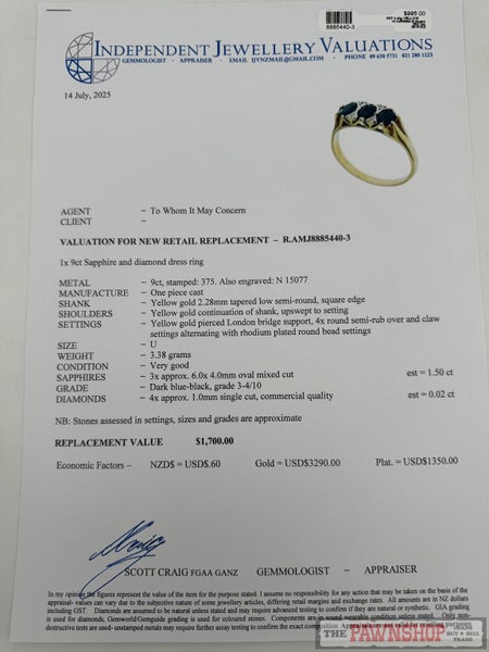 9ct Yellow Gold Sapphire & Diamond London Bridge Ring ~ $1,700! Carousel 7