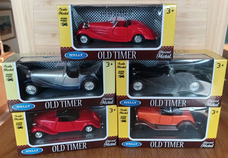 FIVE BRAND NEW OLD TIMERS, 1:34 (11 cm approx), DIE CAST, WELLYMETAL Carousel 1
