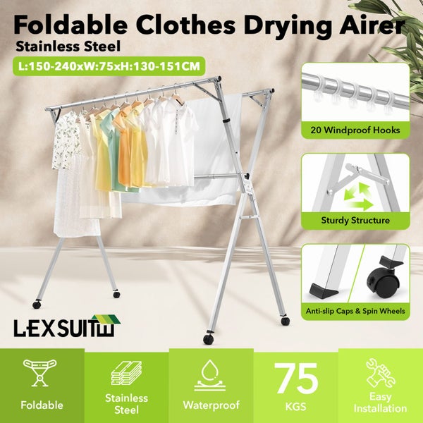 Foldable Clothes Rack Garment Laundry Drying Airer with Wheels Carousel 2