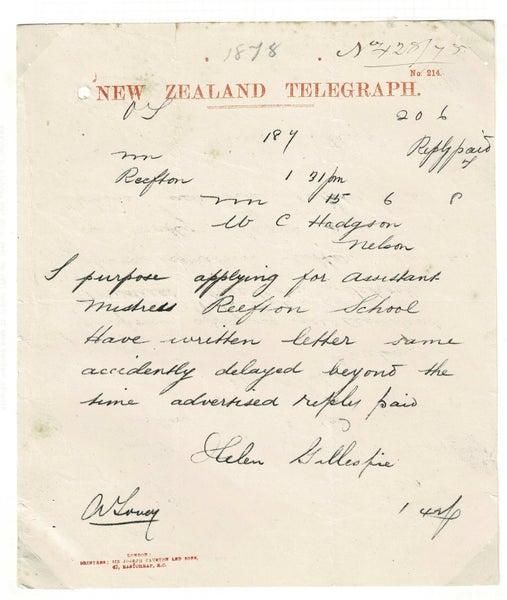 Reefton 1878 telegram Helen Gillespie re job at primary school. Historic!! Carousel 1