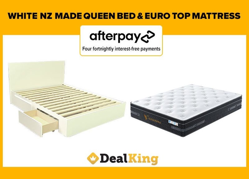 • WHITE 2 DRAWER NZ MADE QUEEN SLAT BED + EURO TOP MATTRESS $1325 • Carousel 1