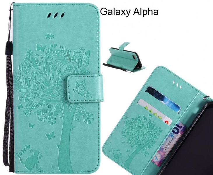 Galaxy Alpha case leather wallet case embossed cat & tree pattern Carousel 1