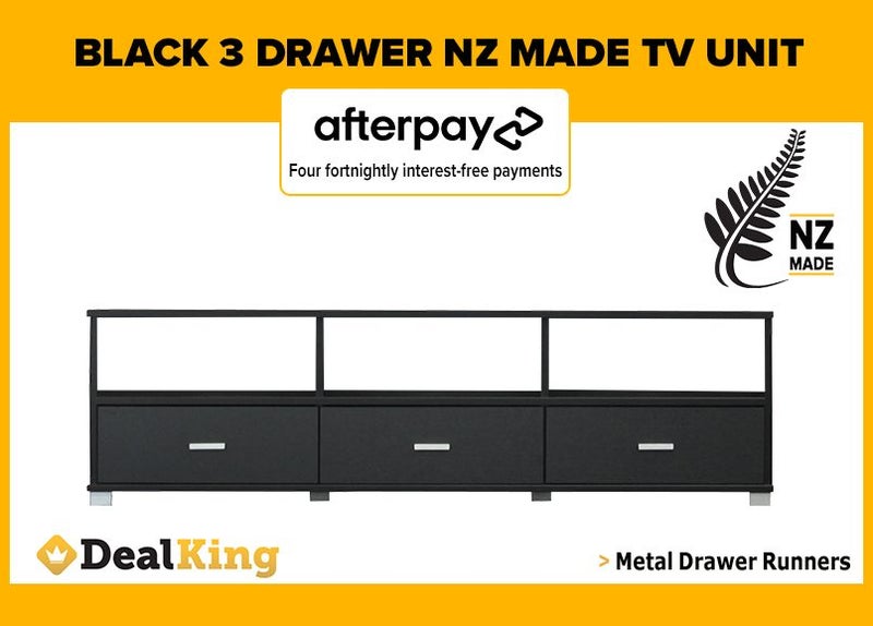 • BLACK FULLY ASSEMBLED 3 DRAWER NZ MADE TV UNIT $409 • Carousel 1