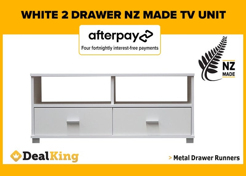 • WHITE FULLY ASSEMBLED 2 DRAWER NZ MADE TV UNIT $305 • Carousel 1