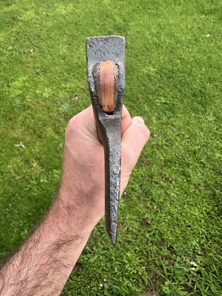 $1 reserve. fully restored “stiletto” embossed hewing axe / hatchet. (R/handed) Carousel 19