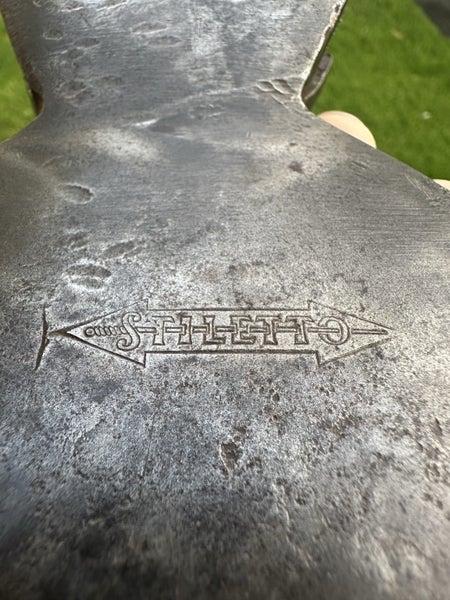 $1 reserve. Nice shape “stiletto” stamped hewing axe /hatchet head (R/handed) Carousel 14