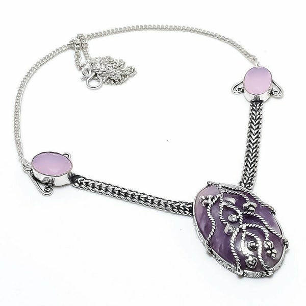 Lepidolite & Rose Quartz Solid 925 Sterling Silver Necklace Carousel 1