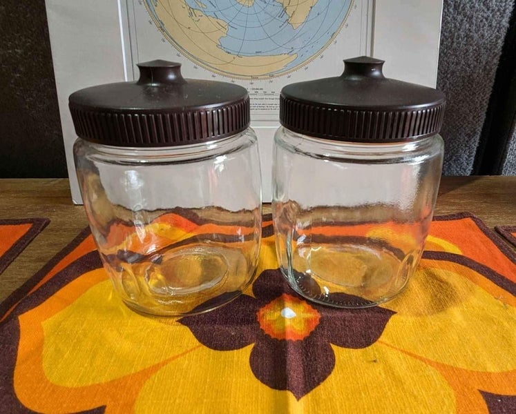Vintage Glass Storage Containers with brown plastic lids x 2 Carousel 1