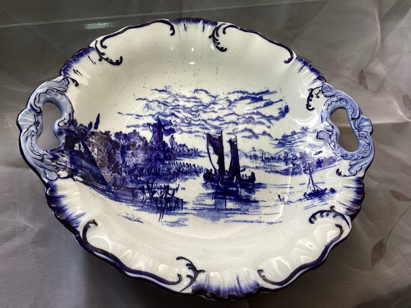 Antique Victorian Blue Flow 1896 large ceramic serving tray Carousel 1