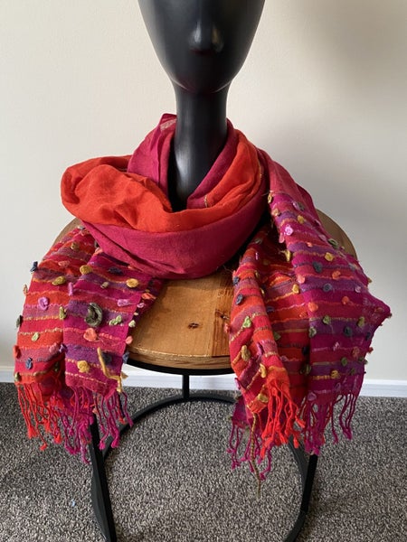 Raffal Pure Australian Merino Wool Scarf – Handwoven India, Red Pink Fringe Wrap63617296818689111
