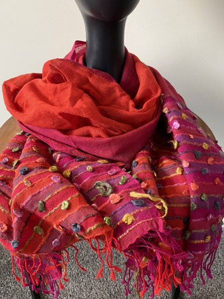 Raffal Pure Australian Merino Wool Scarf – Handwoven India, Red Pink Fringe Wrap63617296818689112