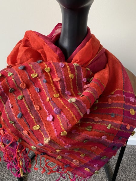 Raffal Pure Australian Merino Wool Scarf – Handwoven India, Red Pink Fringe Wrap63617296818689113