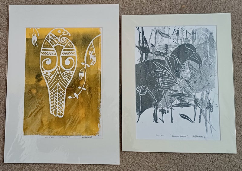 Pukeko and tui - 2 lino prints - by Jan FitzGerald Carousel 1