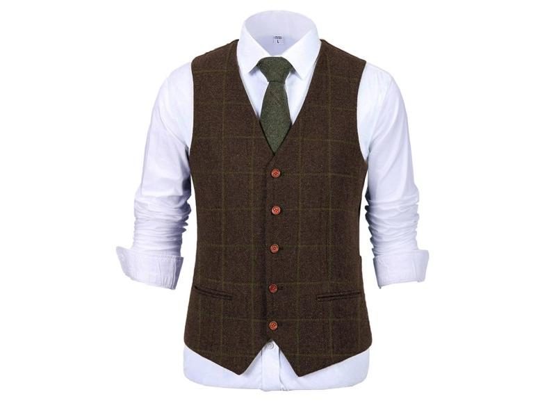 Men's Army Green Vest Plaid Soft Wool Brown Jacket Casual Gentleman Tweed Carousel 1