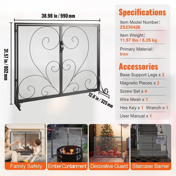 990X802Mm Fireplace Screen 2-Panel Iron Mesh Spark Guard Vintage Black Carousel 2