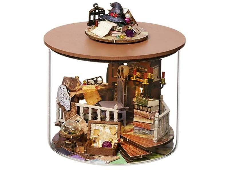 Dollhouse Miniature DIY Wooden House Toys With Furnitures Dust Cover Rotate Carousel 1