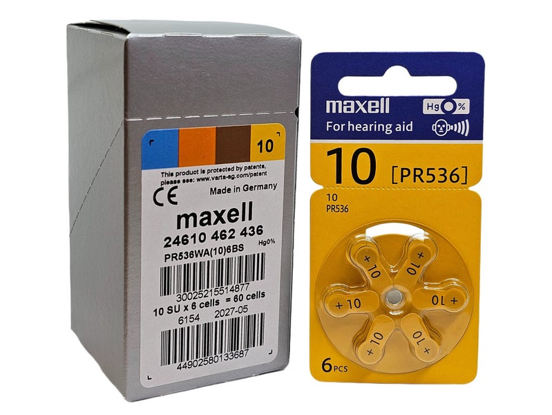 size 10 Maxell hearing aid - 60 batteries (1 box) / P10 / PR70 Carousel 1