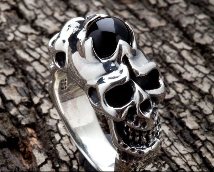 Solid Sterling Silver 925 Skull & Black Onyx Ring Sz 10 or 10.5 Carousel 1