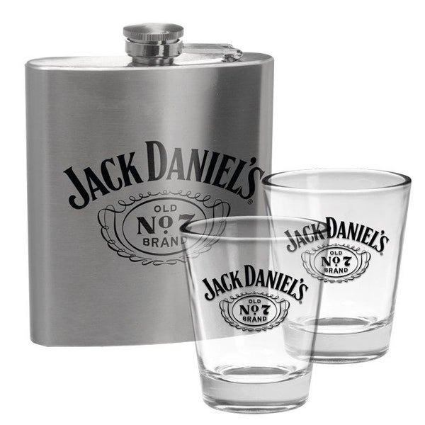 Jack Daniels Whiskey Stainless Steel Hip Flask Shot Glasses Pack Carousel 1