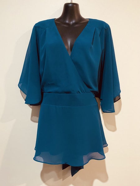City Chic Teal Chiffon Mini Dress XXS = 12, Kimono Sleeves, Tie Back63617462028802111