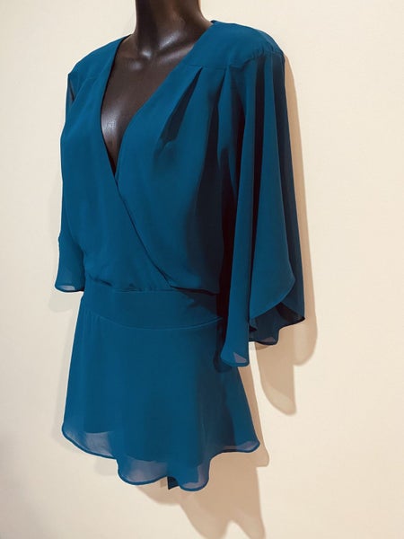 City Chic Teal Chiffon Mini Dress XXS = 12, Kimono Sleeves, Tie Back63617462028802112
