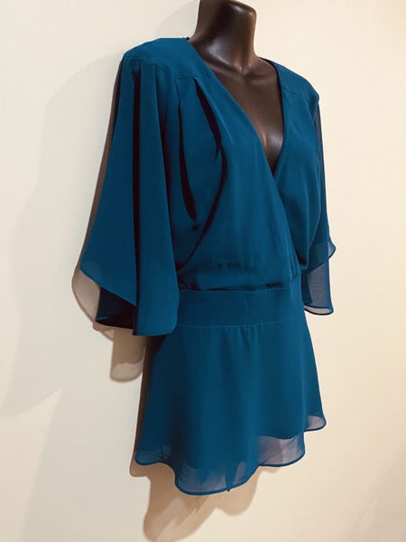 City Chic Teal Chiffon Mini Dress XXS = 12, Kimono Sleeves, Tie Back63617462028802114