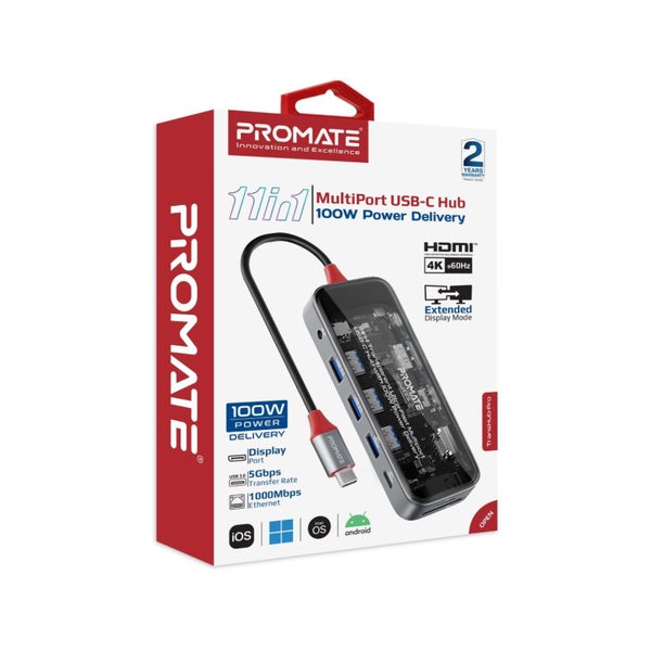 Promate 11-in-1 USB Multi-Port Hub with USB-C Connector - Transparent Includes Carousel 9