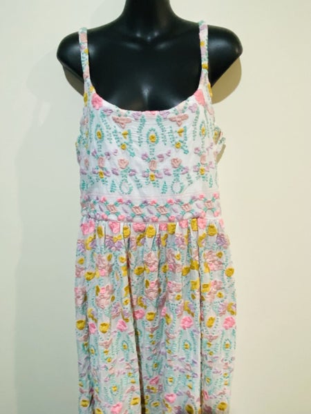 Trelise Cooper Embroidered Cotton Maxi Dress Size 8 Pastel Floral Boho Sundress63617767357825112