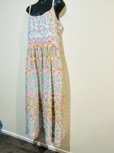 Trelise Cooper Embroidered Cotton Maxi Dress Size 8 Pastel Floral Boho Sundress63617767357825113