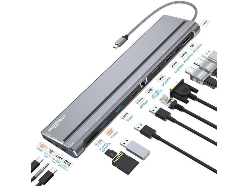 MagBac USB C Docking Station With 2x HDMI DP VGA Ethernet SD TF PD 100W For Carousel 1