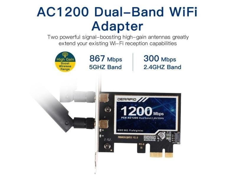 Derapid AC1200 WiFi Adapter Bluetooth Dual Band 2.4GHZ/5Ghz PCIE Wireless Carousel 1